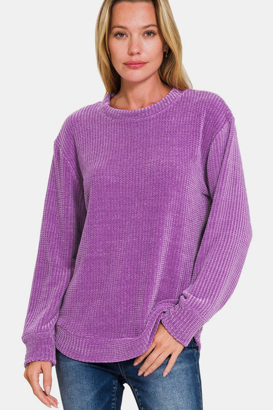 Zenana Chenille Waffle Round Neck Sweater-TOPS / DRESSES-[Adult]-[Female]-Violet-S-2022 Online Blue Zone Planet