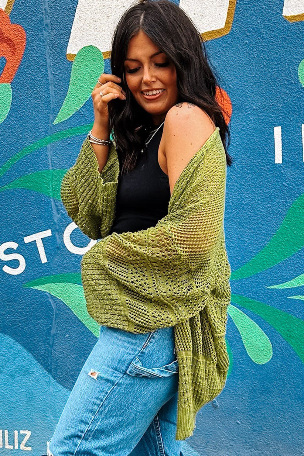 Spinach Green Oversize Crochet Knit Open Cardigan-Sweaters & Cardigans/Cardigans-[Adult]-[Female]-2022 Online Blue Zone Planet