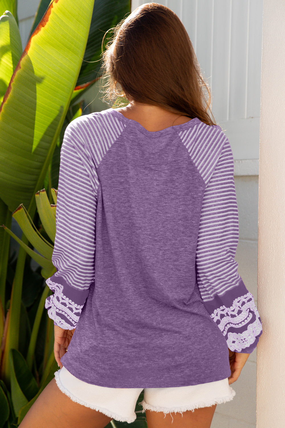 Tillandsia Purple Contrast Print Striped Raglan Long Sleeve Loose Top-Tops/Long Sleeve Tops-[Adult]-[Female]-2022 Online Blue Zone Planet