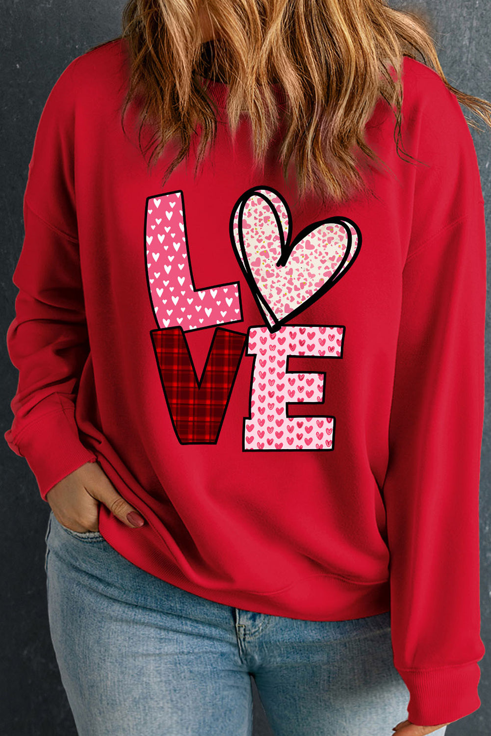 Racing Red Sweet LOVE Letter Graphic Valentines Crewneck Sweatshirt-Graphic Sweatshirts-[Adult]-[Female]-Racing Red-1X-2022 Online Blue Zone Planet