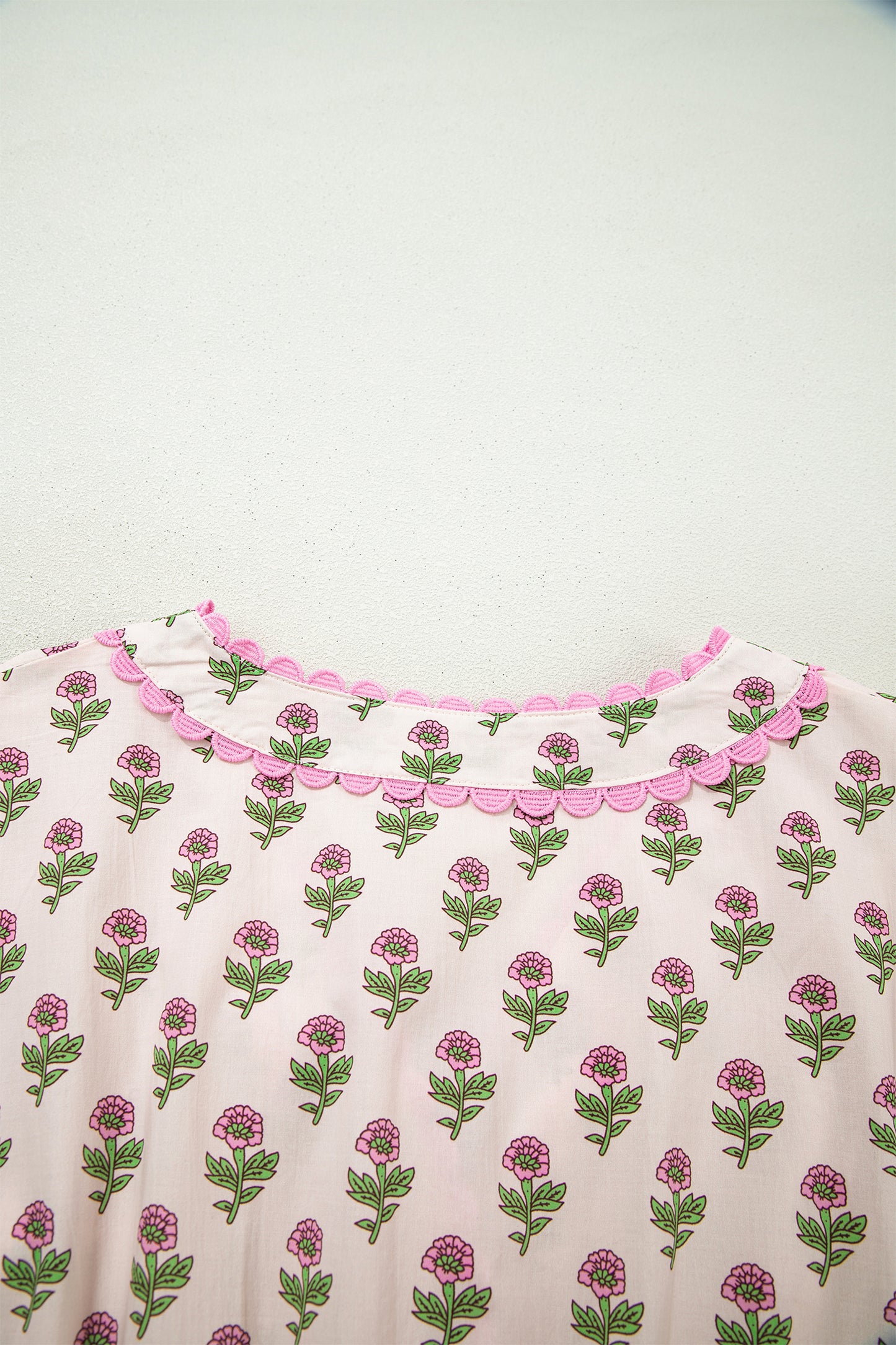 Pink Floral Print V Neck Scallop Trim Button Front Short Sleeve Long Dress-TOPS / DRESSES-[Adult]-[Female]-2022 Online Blue Zone Planet