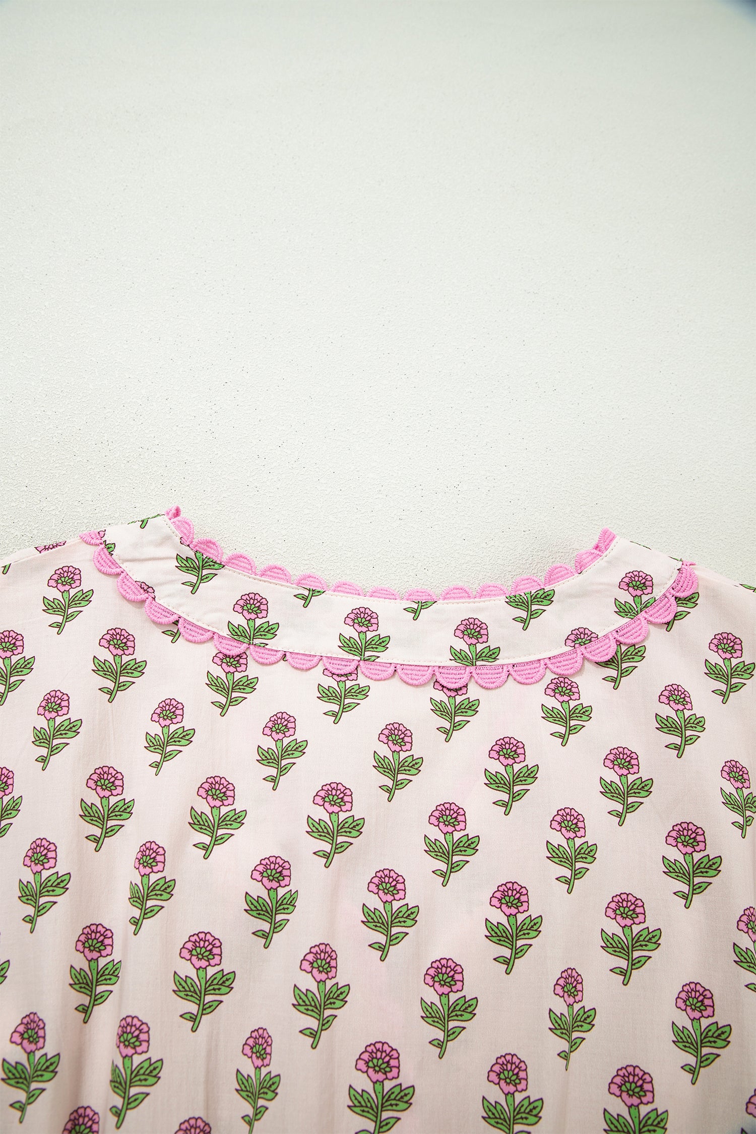 Pink Floral Print V Neck Scallop Trim Button Front Short Sleeve Long Dress-TOPS / DRESSES-[Adult]-[Female]-2022 Online Blue Zone Planet