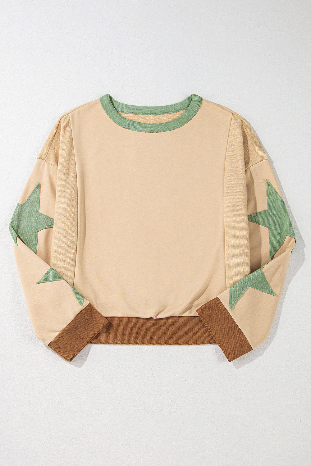 Parchment Star Patchwork Exposed Seam Oversized Sweatshirt-Sweatshirts & Hoodies-[Adult]-[Female]-2022 Online Blue Zone Planet