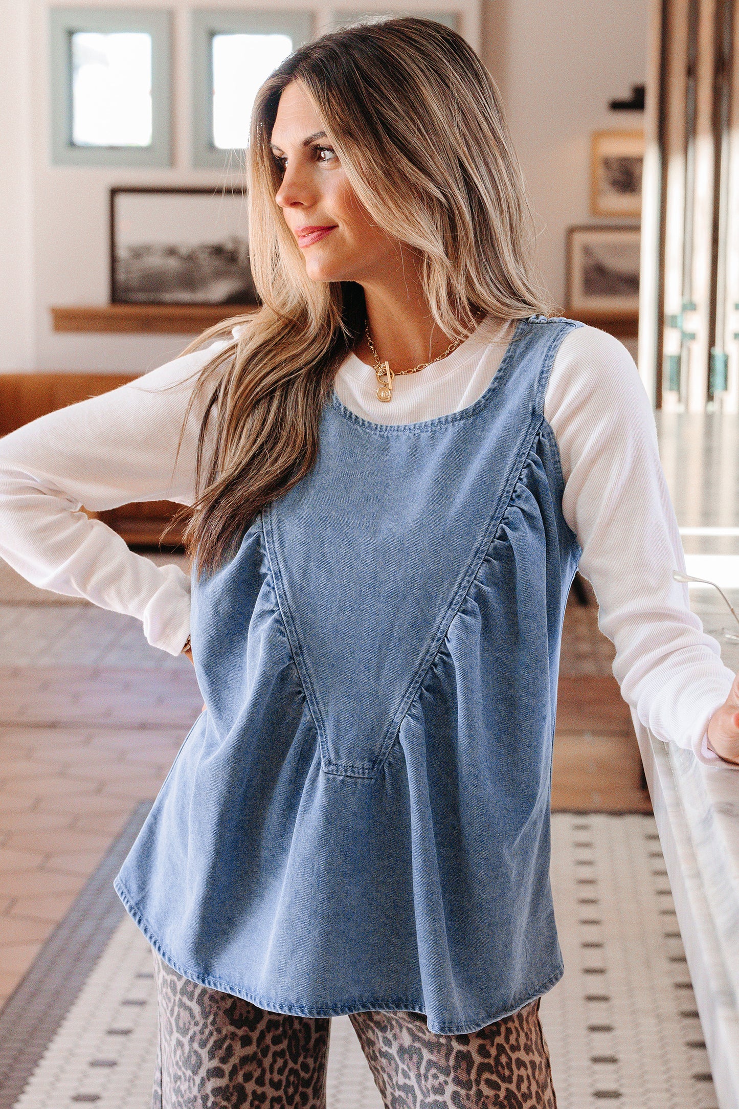 Myosotis Denim Pleated Patchwork Sleeveless Top-Tops/Tank Tops-[Adult]-[Female]-2022 Online Blue Zone Planet