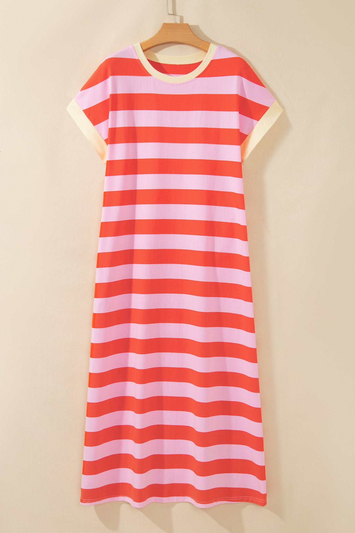 Rose Stripe Cuffed Short Sleeve Pocketed Casual T Shirt Long Dress-TOPS / DRESSES-[Adult]-[Female]-2022 Online Blue Zone Planet