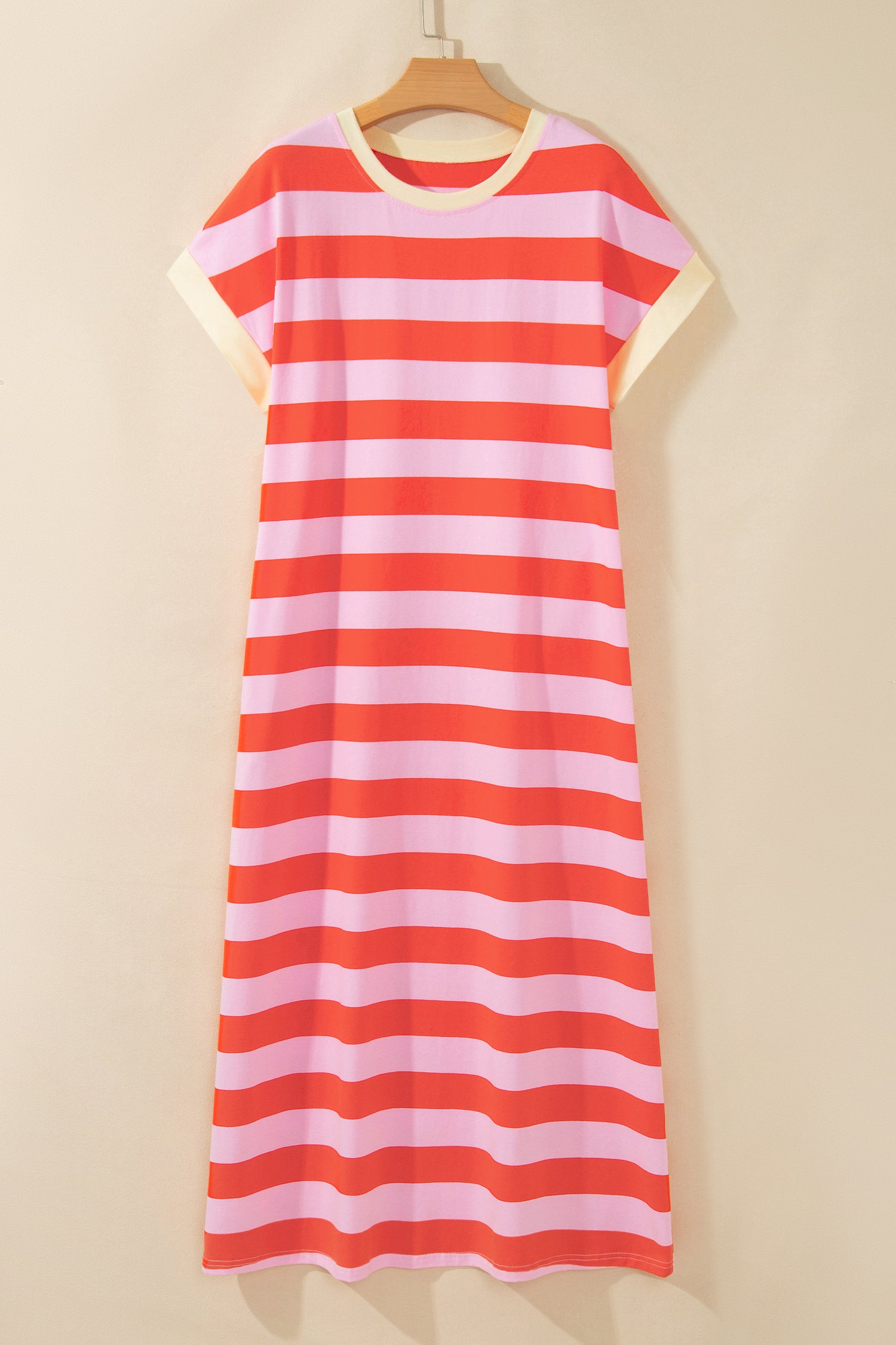 Rose Stripe Cuffed Short Sleeve Pocketed Casual T Shirt Long Dress-TOPS / DRESSES-[Adult]-[Female]-2022 Online Blue Zone Planet
