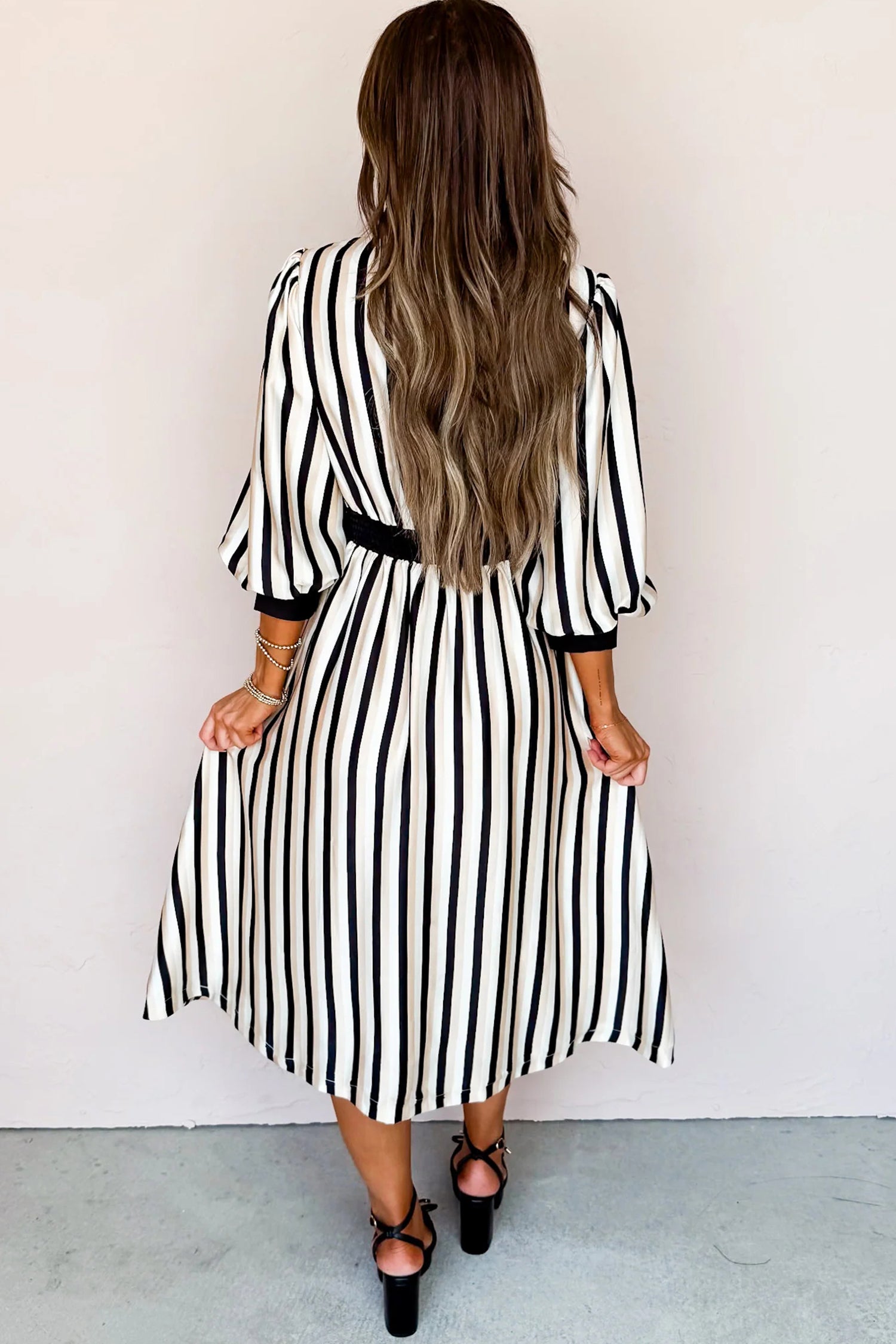 Black Stripe 3/4 Puff Sleeve Shirt Style Button Down Midi Dress-Dresses/Midi Dresses-[Adult]-[Female]-2022 Online Blue Zone Planet