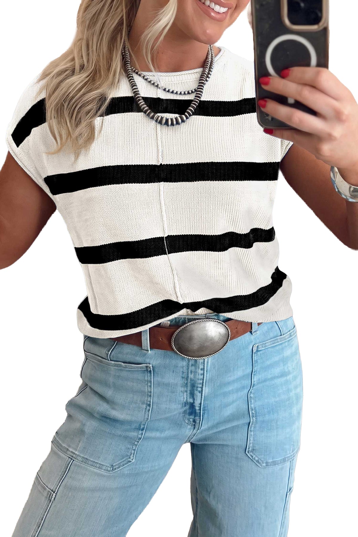 Rose Stripe Knit Western Short Sleeve Sweater-TOPS / DRESSES-[Adult]-[Female]-2022 Online Blue Zone Planet