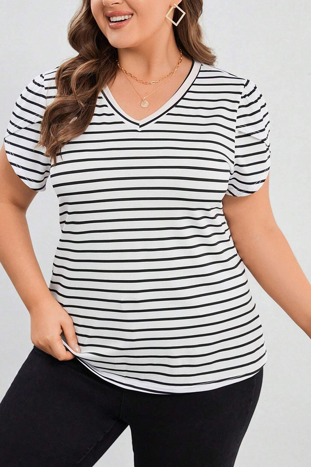 Plus Size Striped V-Neck Short Sleeve T-Shirt-TOPS / DRESSES-[Adult]-[Female]-2022 Online Blue Zone Planet