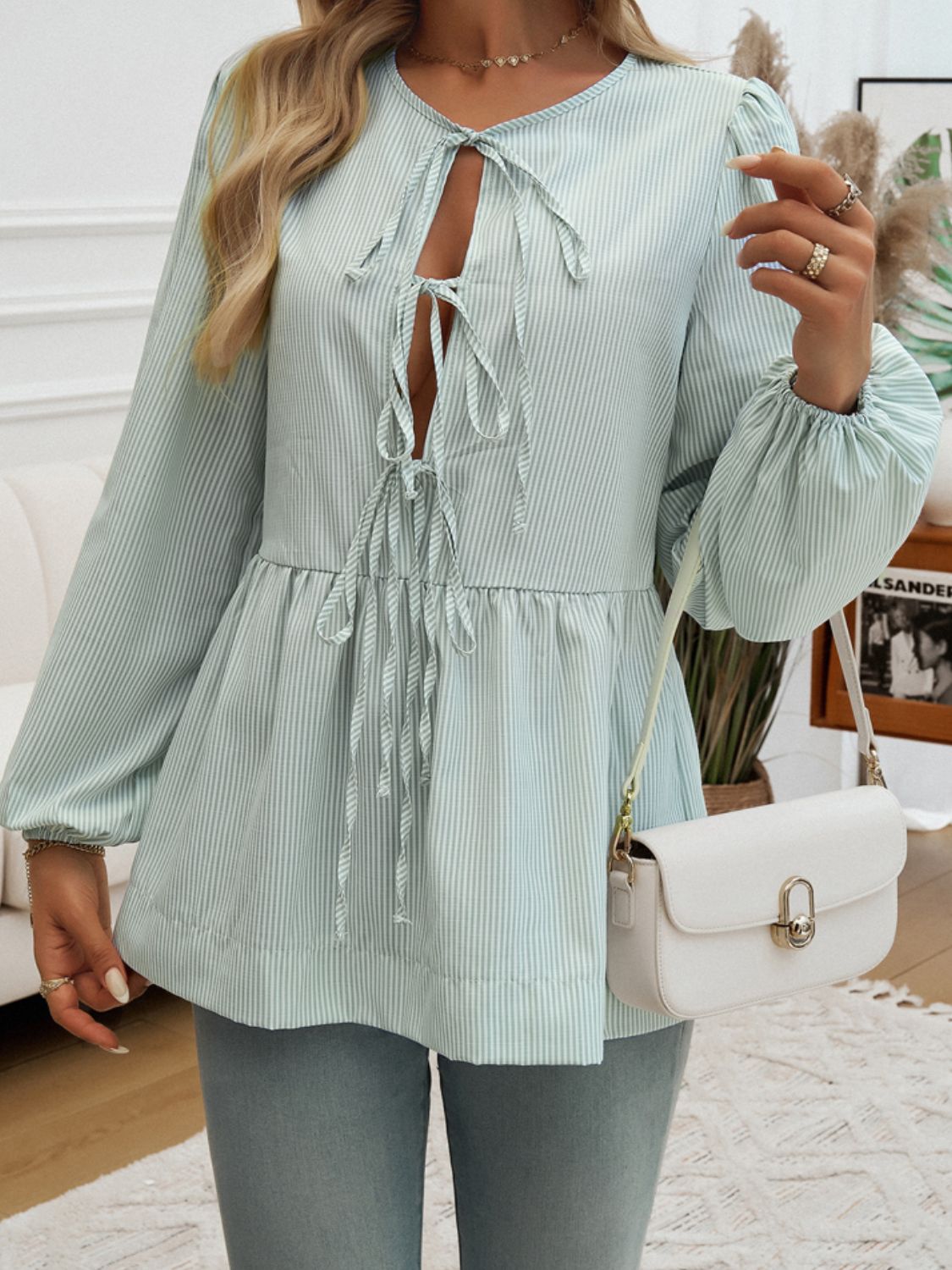 Tied Striped Long Sleeve Blouse-TOPS / DRESSES-[Adult]-[Female]-2022 Online Blue Zone Planet