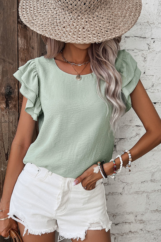 Clearly Aqua Solid Color Ruffled Short Sleeve Casual Blouse-Tops/Blouses & Shirts-[Adult]-[Female]-Clearly Aqua-S-2022 Online Blue Zone Planet