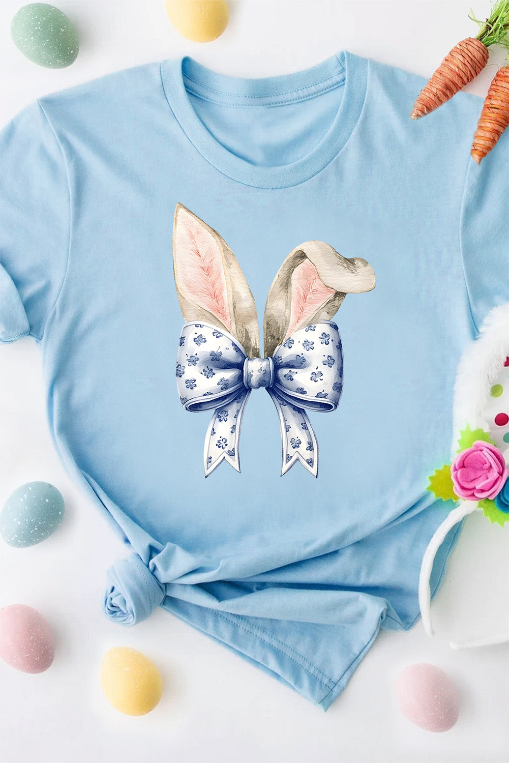 Light Blue Easter Bunny Ears Coquette Bow Graphic Tee-Graphic/Graphic Tees-[Adult]-[Female]-2022 Online Blue Zone Planet