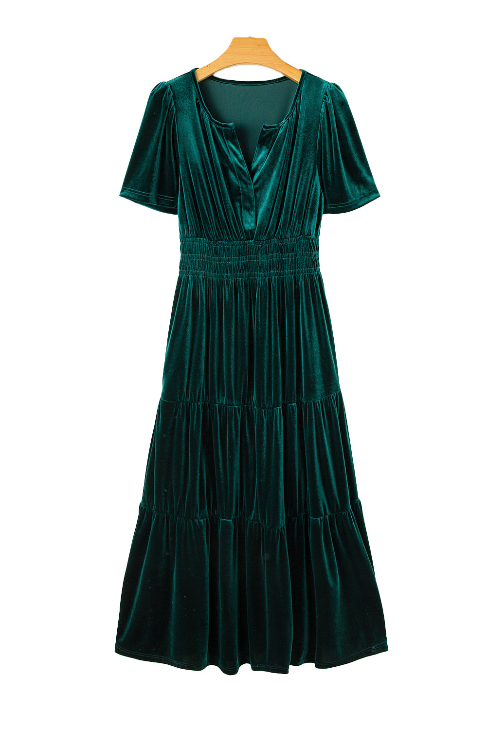 Prussian Blue Velvet Short Sleeve Shirred Waist Tiered Maxi Dress-Maxi Dresses-[Adult]-[Female]-2022 Online Blue Zone Planet