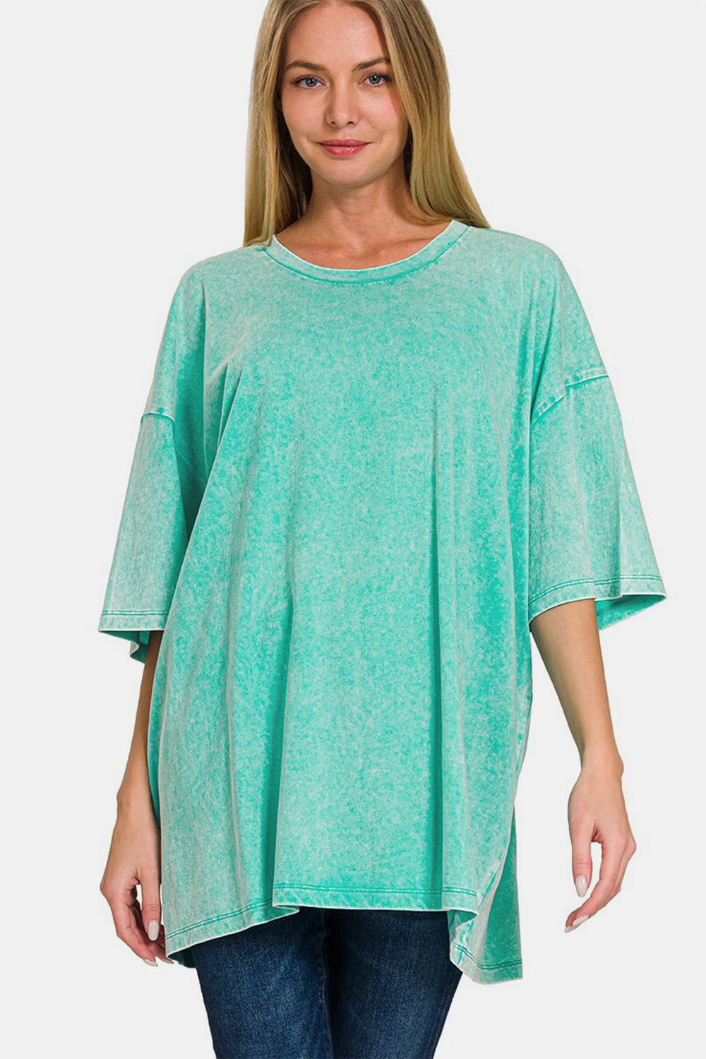 Blue Zone Planet | Zenana Full Size Washed Round Neck Drop Shoulder Oversized T-Shirt-TOPS / DRESSES-[Adult]-[Female]-Turquoise-S/M-2022 Online Blue Zone Planet