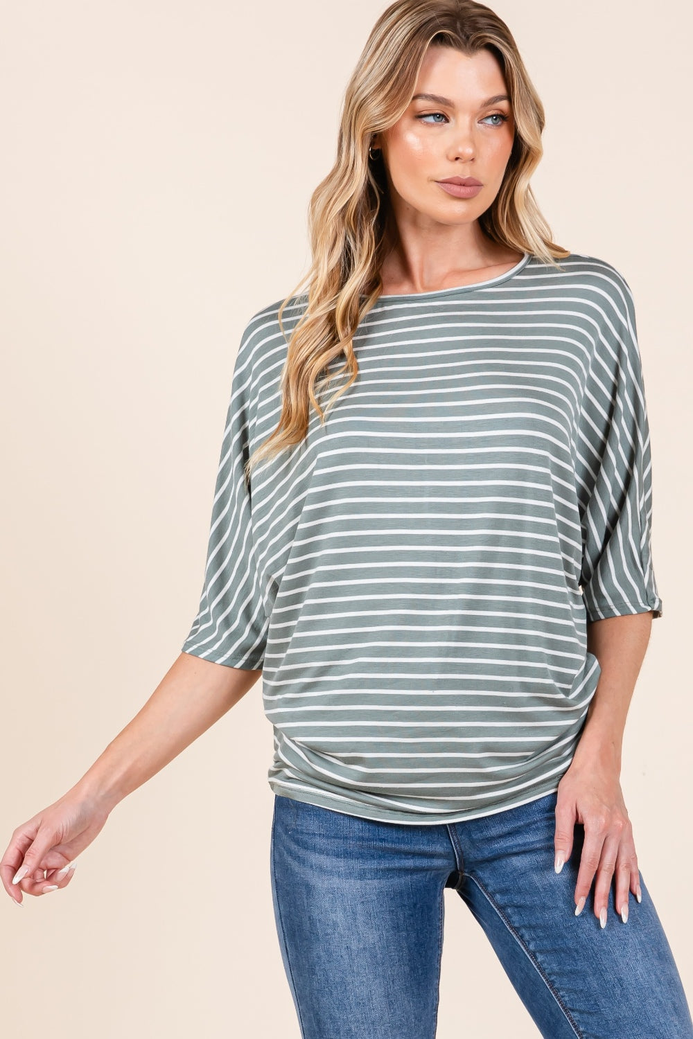 BOMBOM Striped Boat Neck Dolman Sleeve Top-TOPS / DRESSES-[Adult]-[Female]-2022 Online Blue Zone Planet