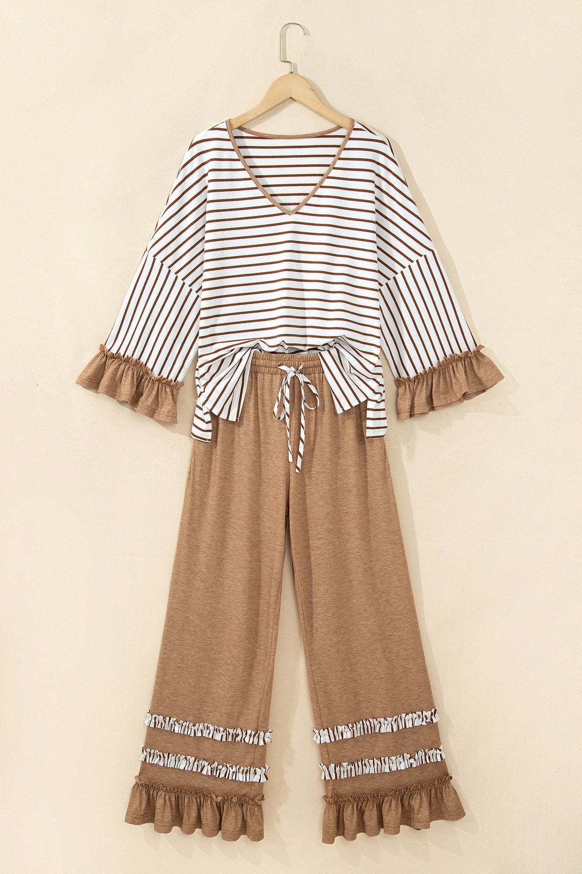 Gray Stripe V Neck Ruffle Contrast Sleeve Top Drawstring Pants 2pcs Set-Two Piece Sets/Pant Sets-[Adult]-[Female]-2022 Online Blue Zone Planet