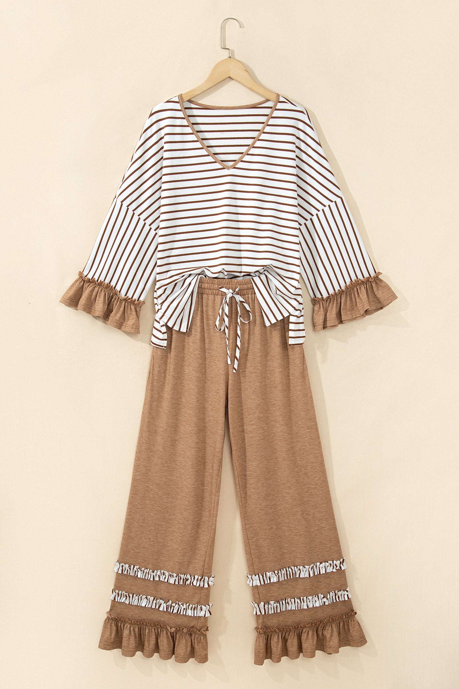 Gray Stripe V Neck Ruffle Contrast Sleeve Top Drawstring Pants 2pcs Set-Two Piece Sets/Pant Sets-[Adult]-[Female]-2022 Online Blue Zone Planet