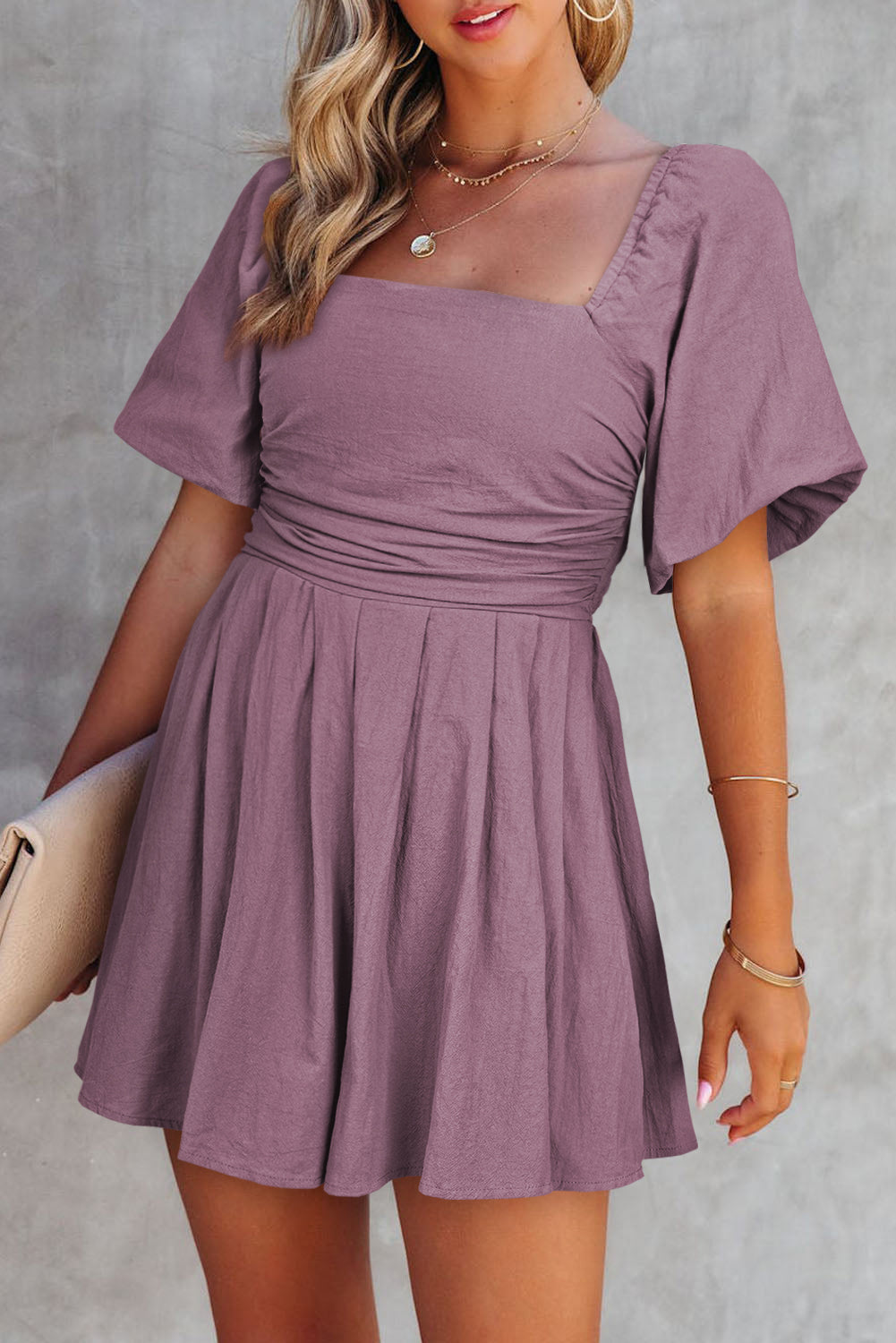 Valerian Square Neck Ruched Puff Sleeve Romper-Bottoms/Jumpsuits & Rompers-[Adult]-[Female]-Valerian-S-2022 Online Blue Zone Planet