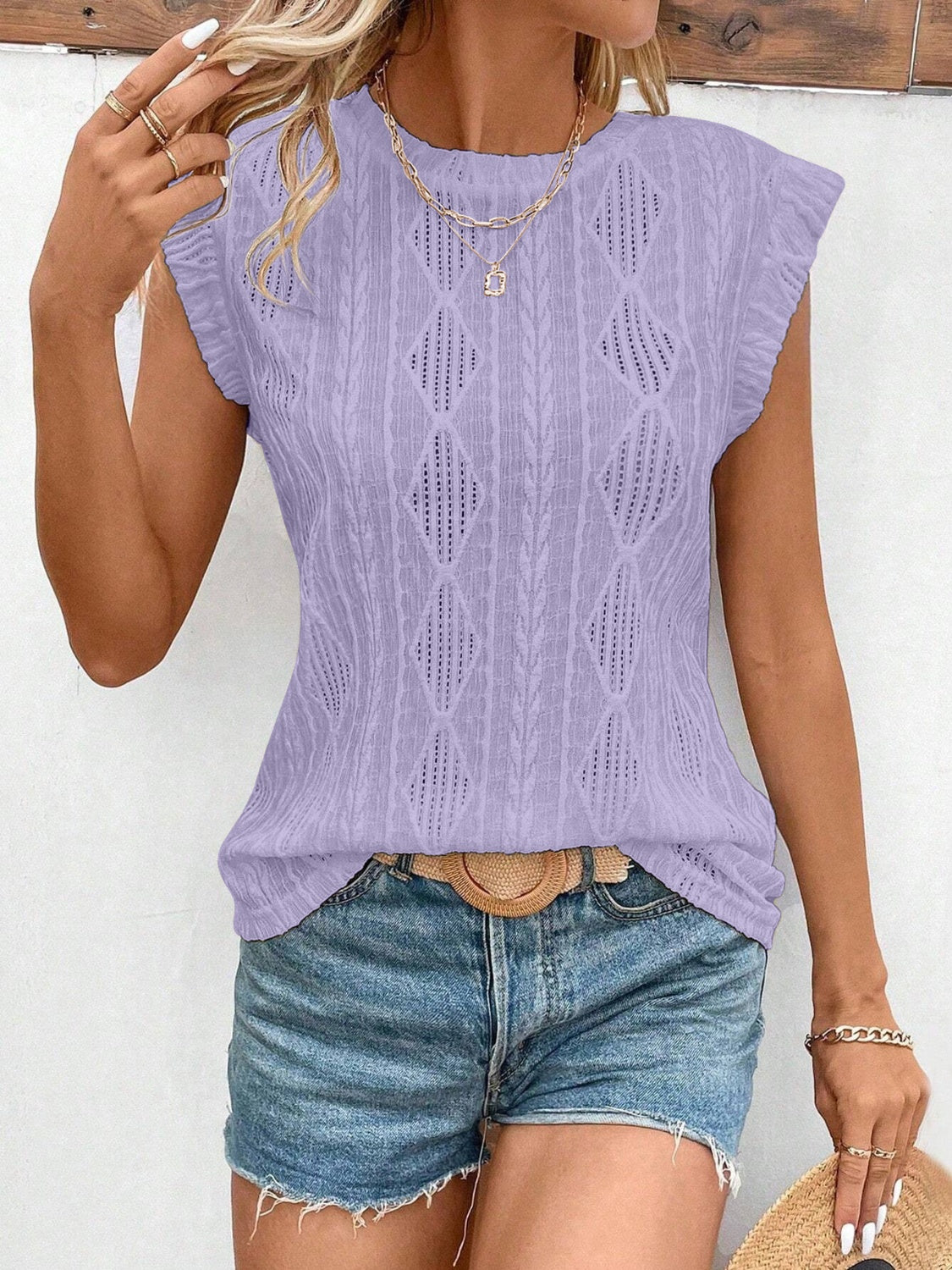 Openwork Round Neck Cap Sleeve Top-TOPS / DRESSES-[Adult]-[Female]-Lavender-S-2022 Online Blue Zone Planet