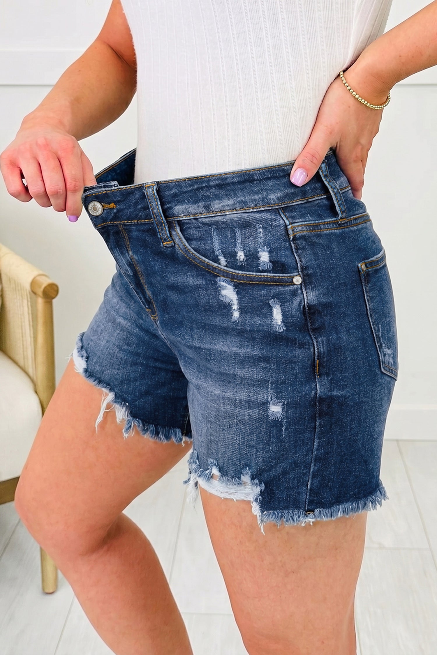 Sail Blue Asymmetric Raw Hem Distressed Whiskery Denim Shorts-Bottoms/Denim Shorts-[Adult]-[Female]-2022 Online Blue Zone Planet