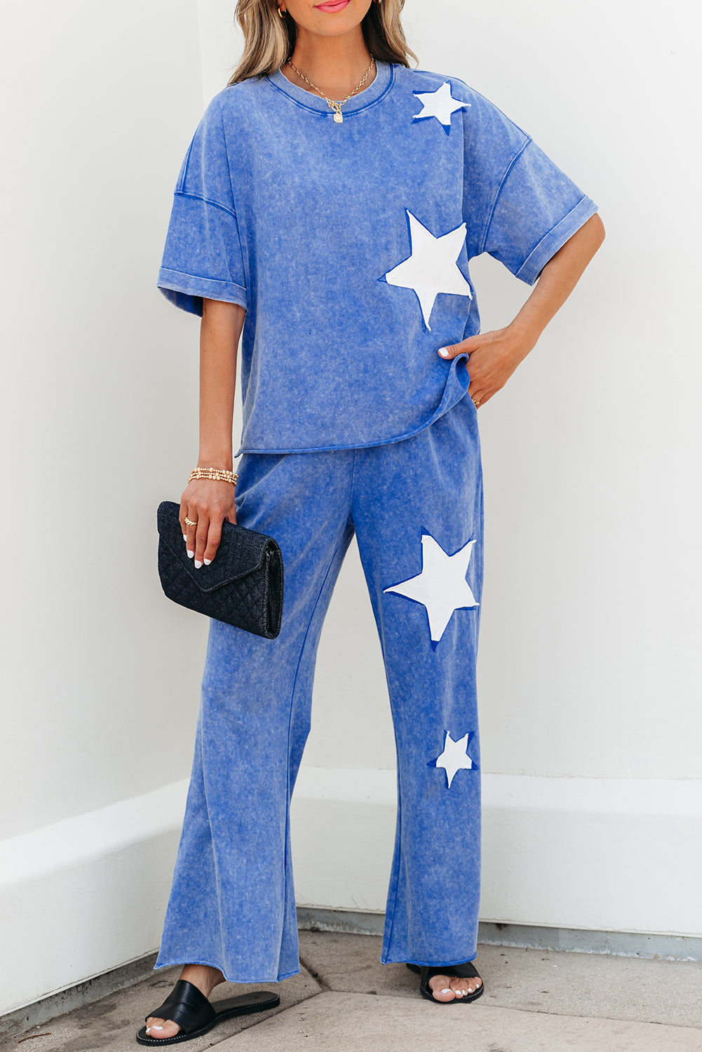 Ashleigh Blue Acid Wash Star Patched Rolled Trim Pants Set-Two Piece Sets/Pant Sets-[Adult]-[Female]-2022 Online Blue Zone Planet