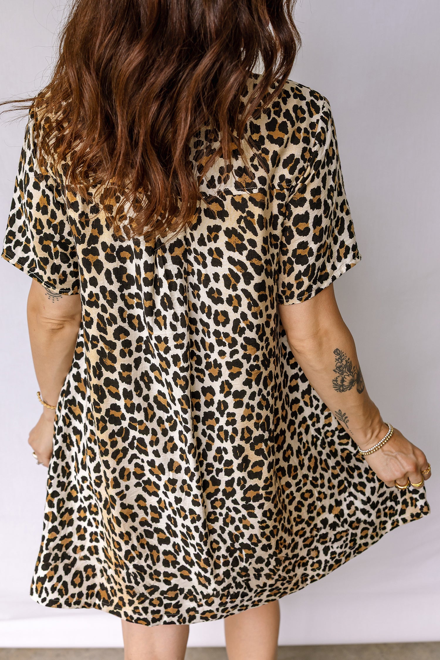 Multicolour Half Buttons Short Sleeve Loose Leopard Mini Dress with Pockets-TOPS / DRESSES-[Adult]-[Female]-2022 Online Blue Zone Planet