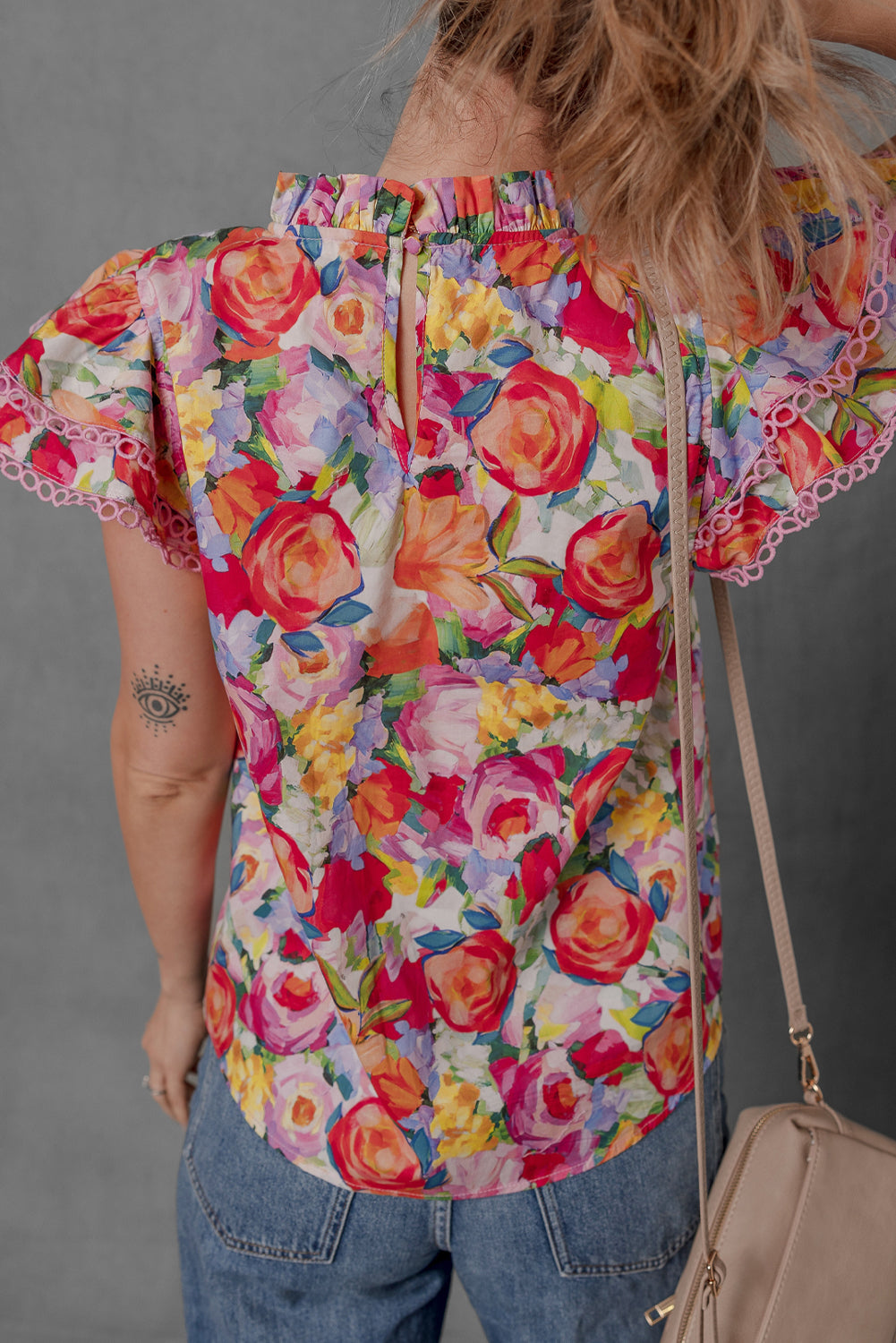 Multicolour Lace Trim Ruffle Short Sleeve Floral Blouse-Tops/Blouses & Shirts-[Adult]-[Female]-2022 Online Blue Zone Planet