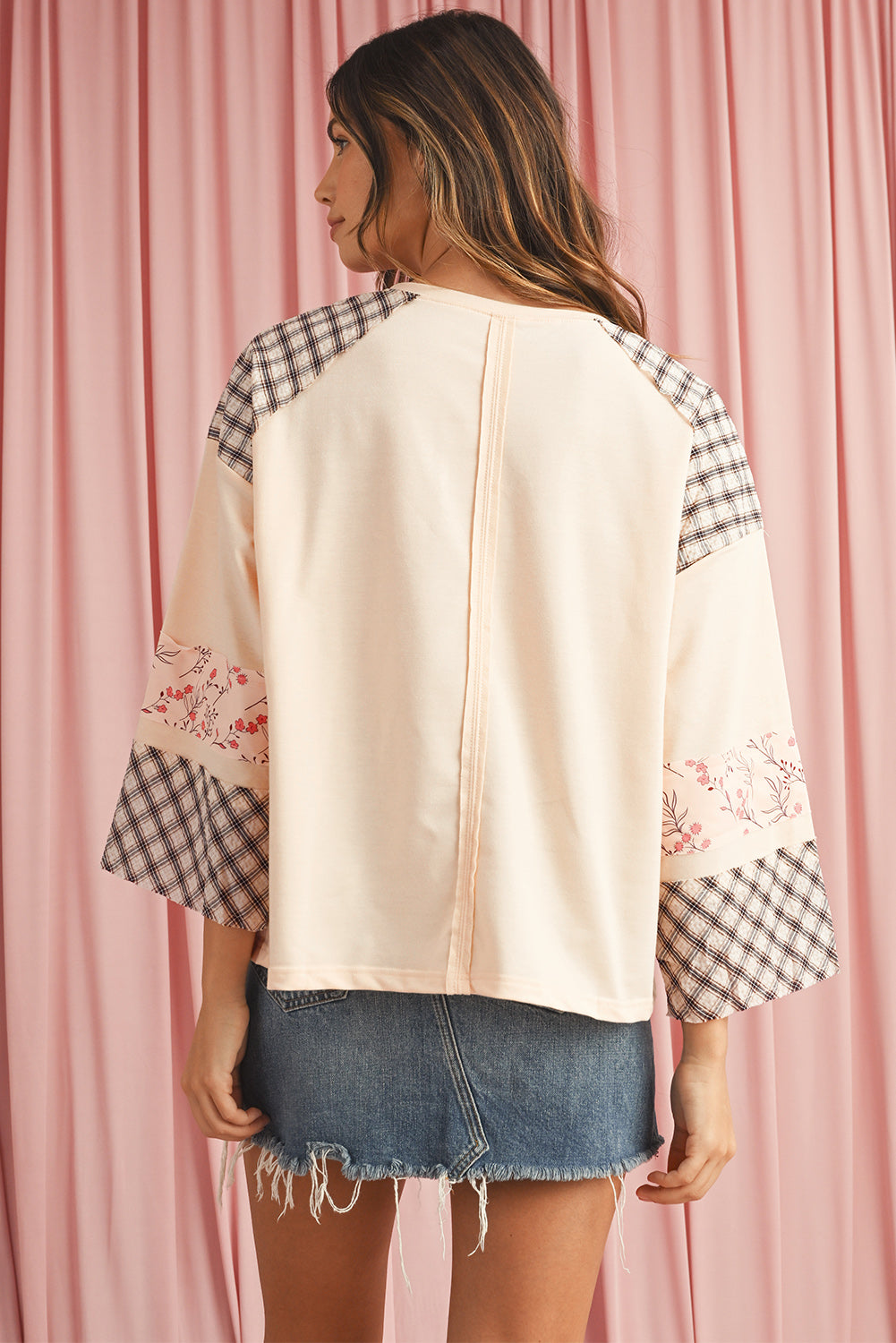 Aqua Plaid Floral Patchwork Heart Long Sleeve Top