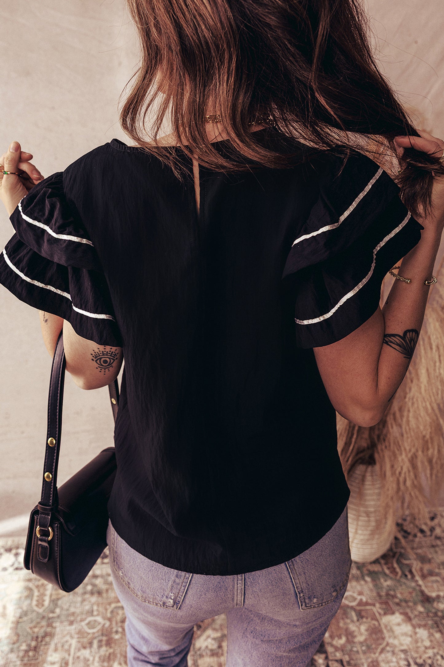 Black Contrast Trim Dual Ruffle Short Sleeve Textured Blouse-Tops/Blouses & Shirts-[Adult]-[Female]-2022 Online Blue Zone Planet