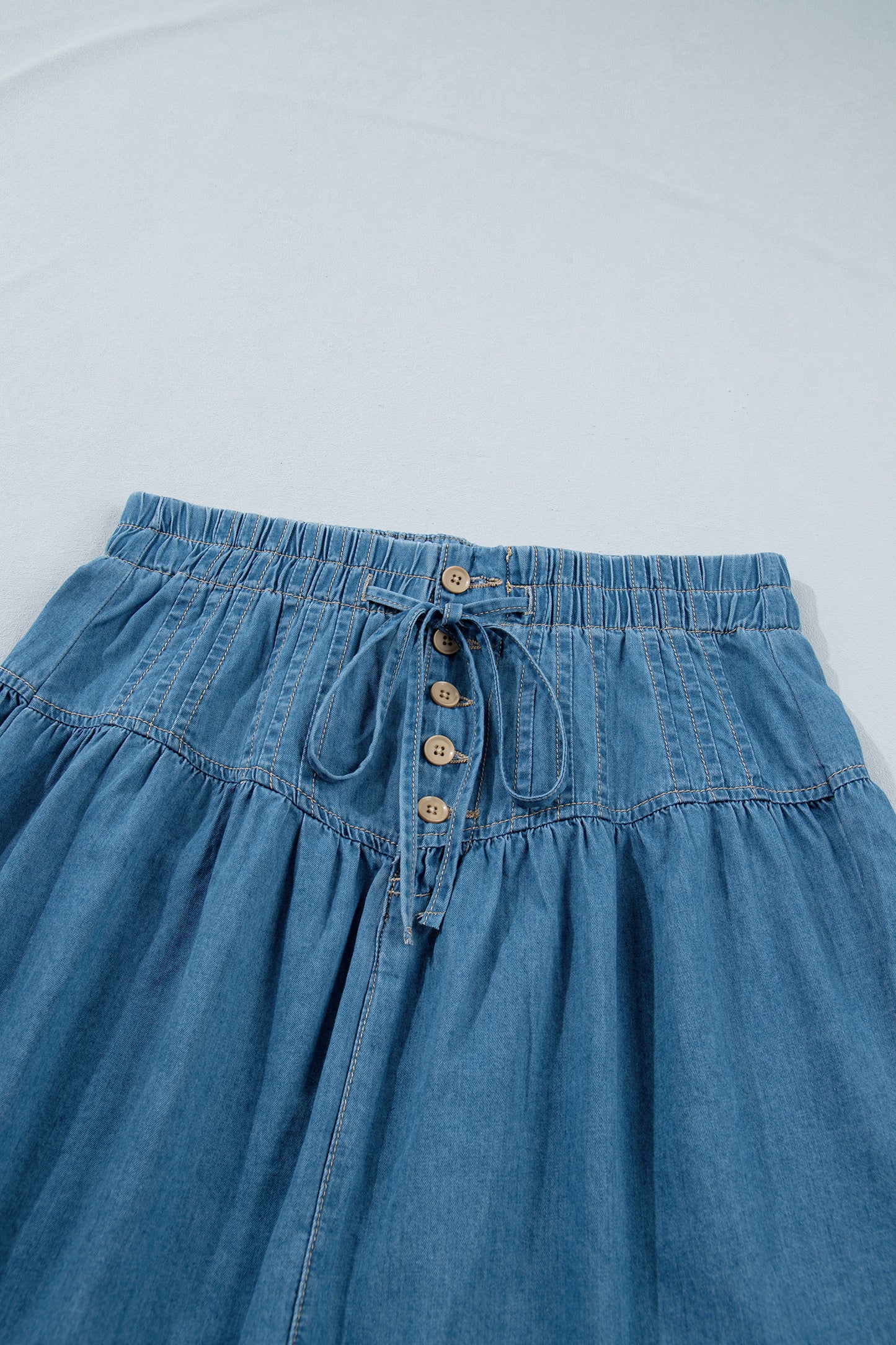 Sky Blue Half Buttons Pleated High Waist Denim Mini Skirt with Drawstring-Bottoms/Skirts & Petticoat-[Adult]-[Female]-2022 Online Blue Zone Planet