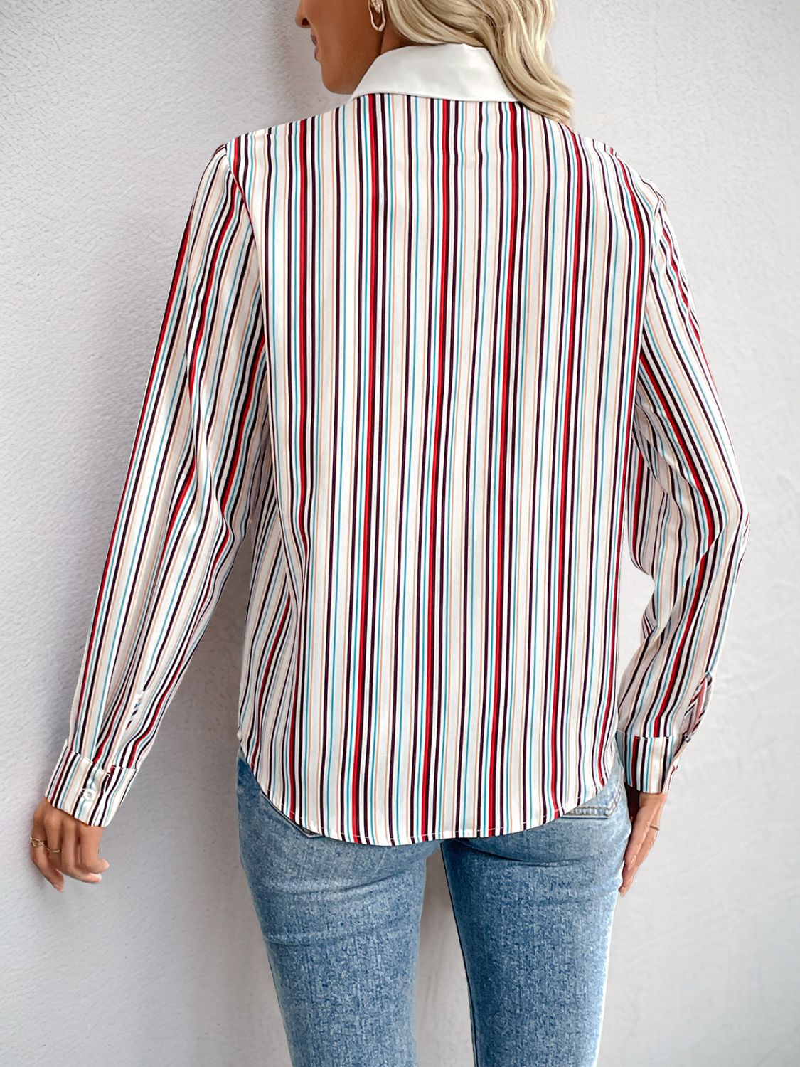 Perfee Contrast Striped Collared Neck Long Sleeve Shirt-TOPS / DRESSES-[Adult]-[Female]-2022 Online Blue Zone Planet