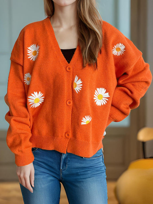 Daisy Button Up V-Neck Cardigan-TOPS / DRESSES-[Adult]-[Female]-Orange-One Size-2022 Online Blue Zone Planet