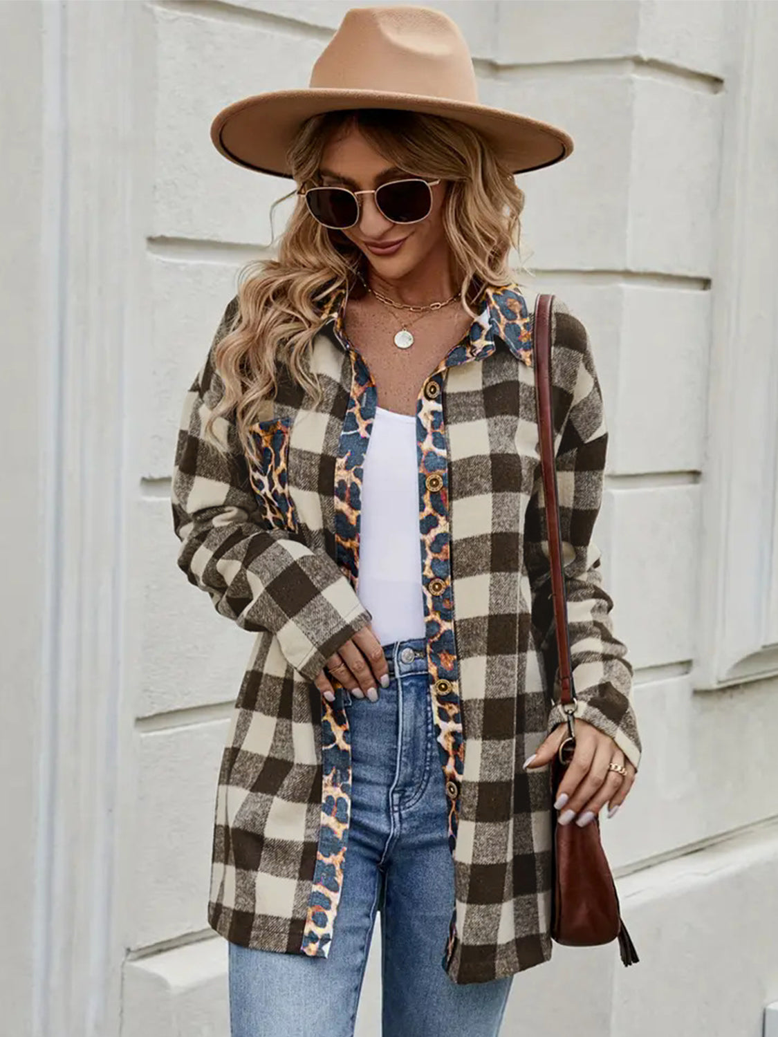 Leopard Trim Plaid Collared Neck Long Sleeve Shirt-TOPS / DRESSES-[Adult]-[Female]-Coffee Brown-S-2022 Online Blue Zone Planet