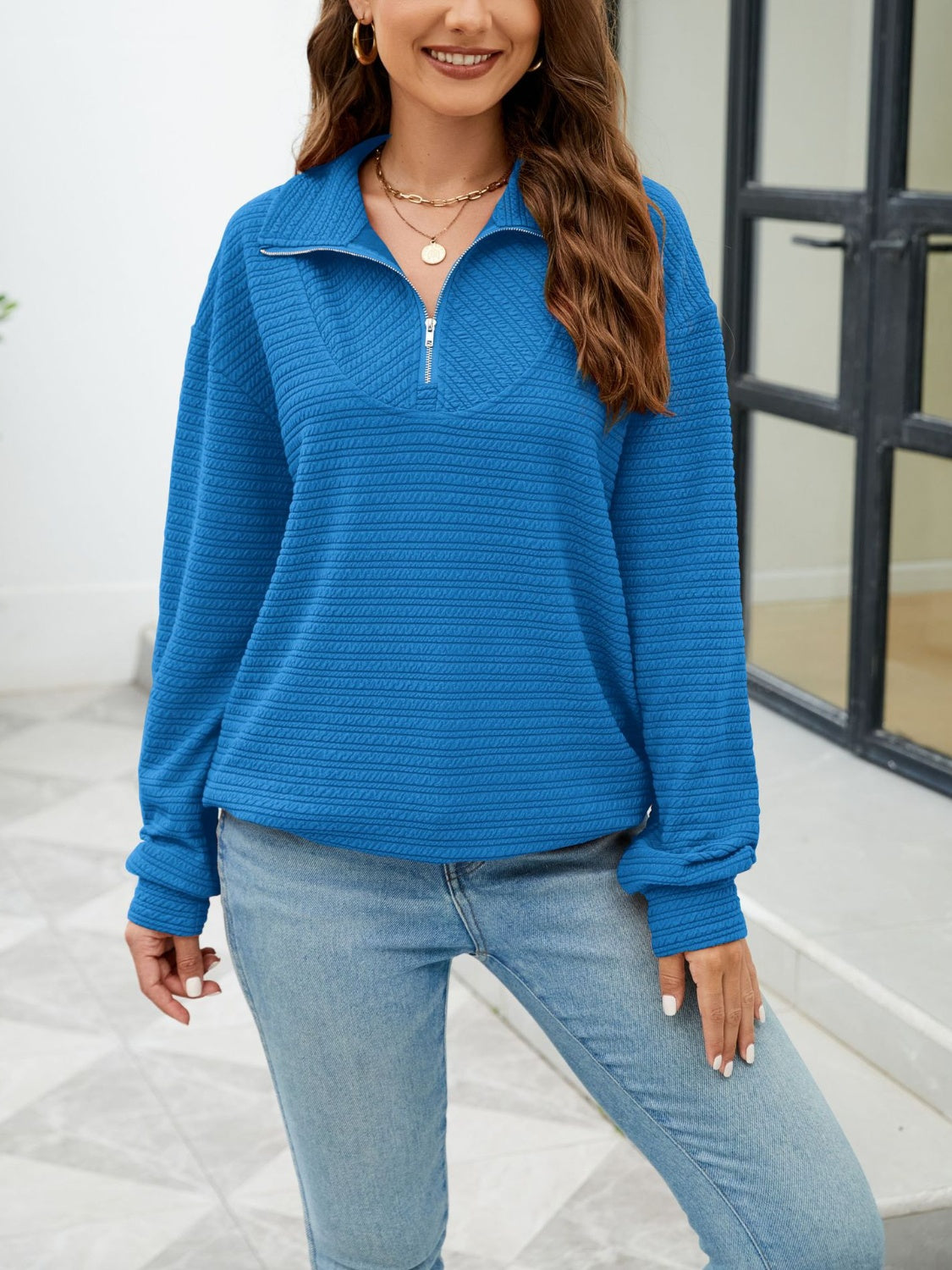 Textured Quarter Zip Long Sleeve Sweatshirt-[Adult]-[Female]-2022 Online Blue Zone Planet