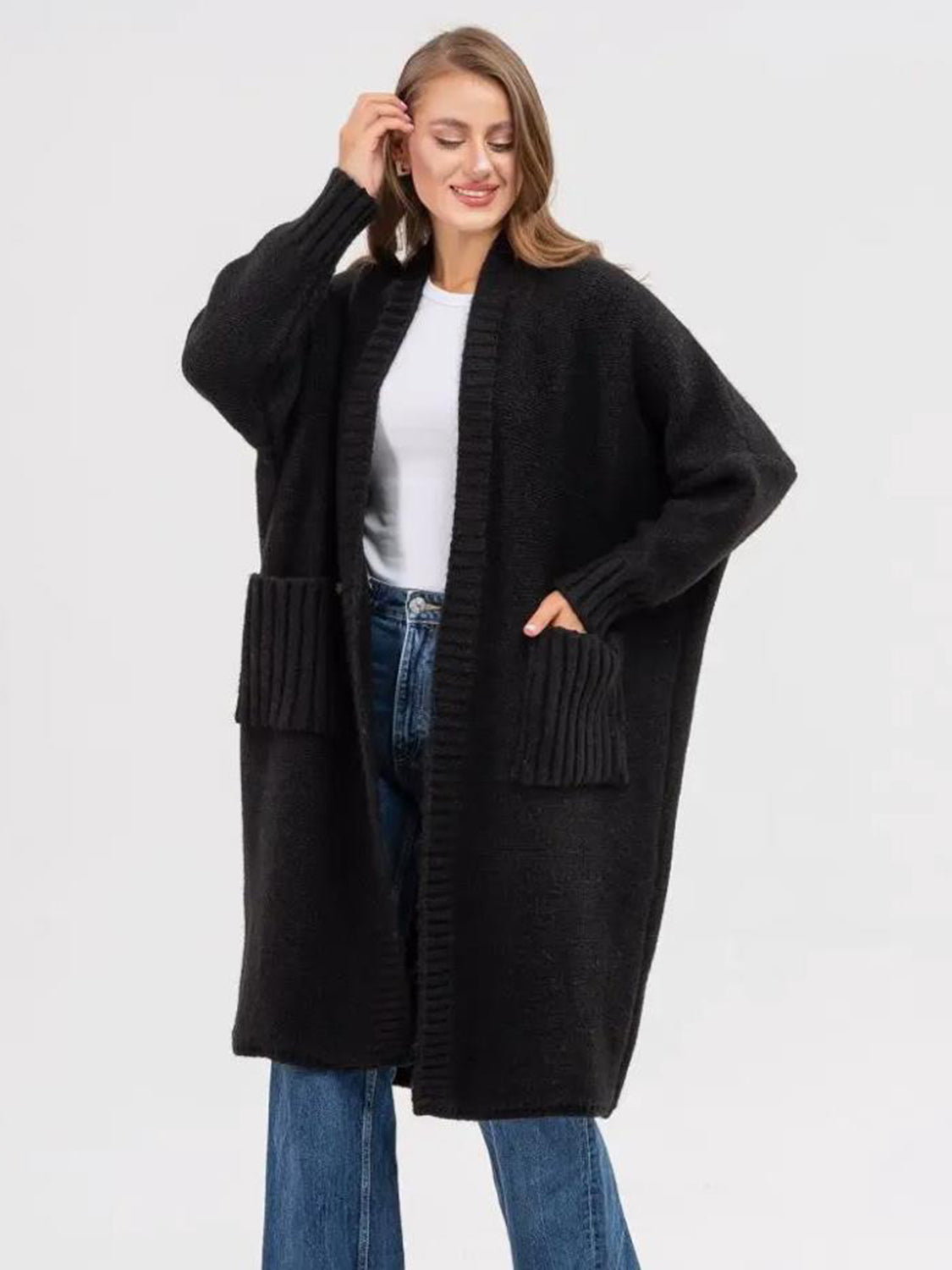 Pocketed Open Front Long Sleeve Longline Cardigan-TOPS / DRESSES-[Adult]-[Female]-Black-One Size-2022 Online Blue Zone Planet