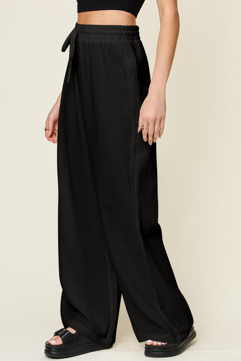 Double Take Full Size Texture Drawstring Wide Leg Pants-BOTTOMS SIZES SMALL MEDIUM LARGE-[Adult]-[Female]-2022 Online Blue Zone Planet