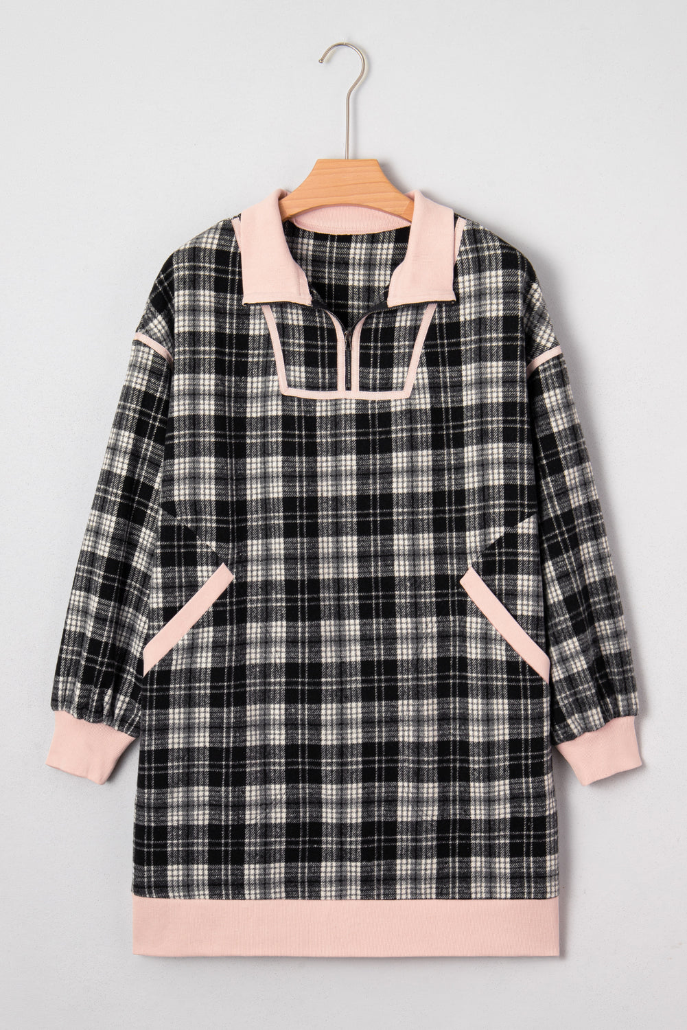 Black Plaid Polo Collar Zip up Contrast Trim Shift Long Sleeve Mini Dress-TOPS / DRESSES-[Adult]-[Female]-2022 Online Blue Zone Planet