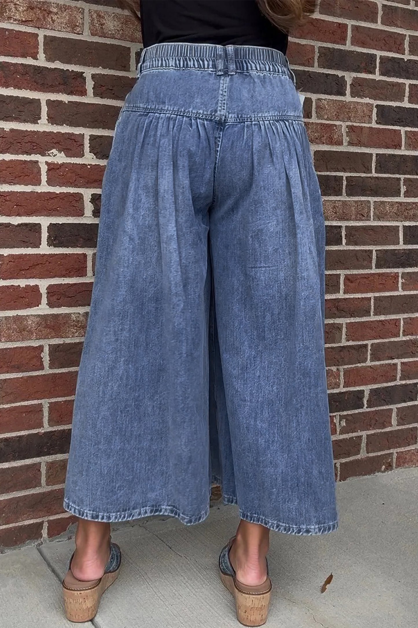 Dusk Blue High Rise Buttons Pleated Cropped Wide Leg Denim Pants-Bottoms/Jeans-[Adult]-[Female]-2022 Online Blue Zone Planet