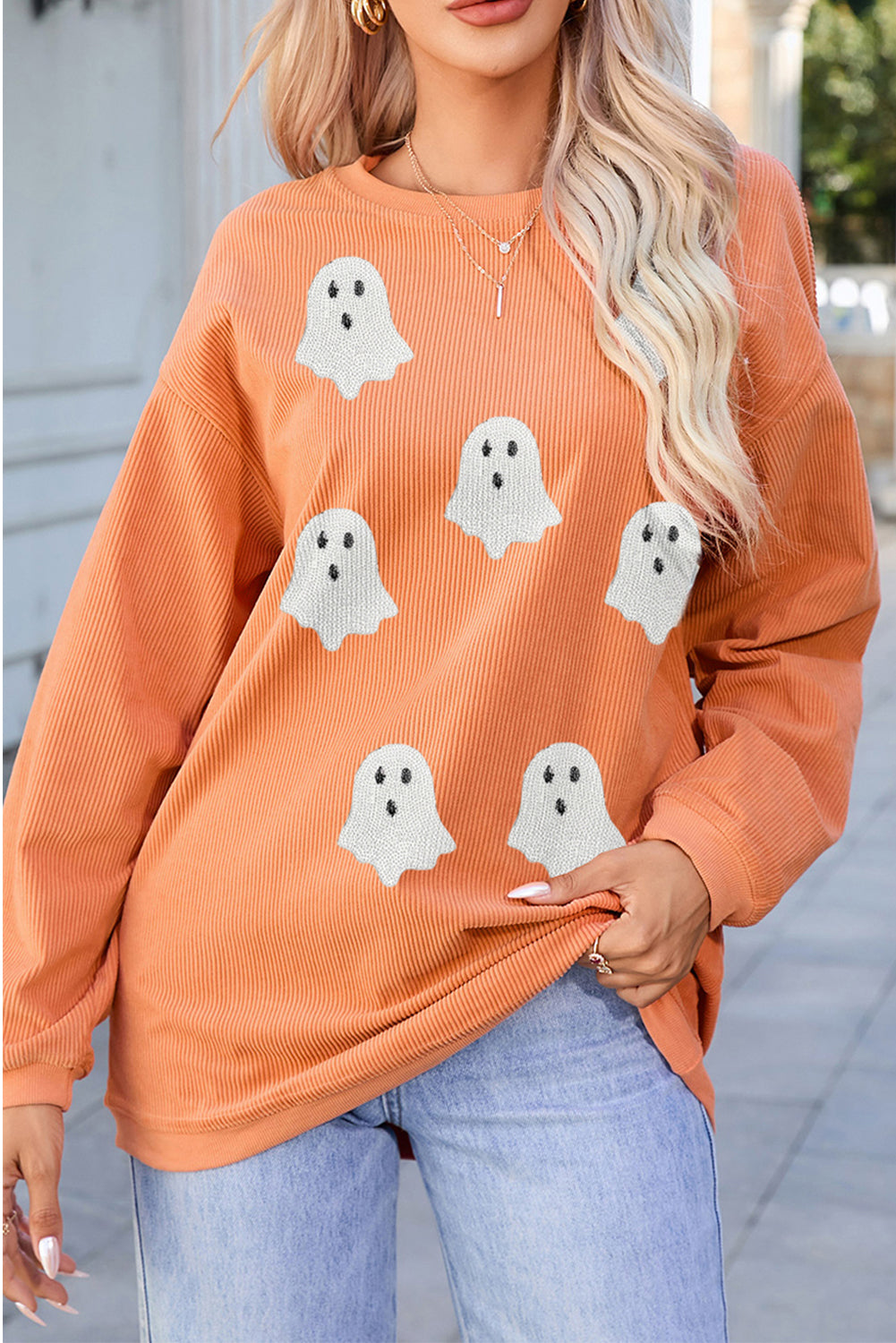 Orange Twisted Ribbed Texture Halloween Ghost Sequin Patched Sweatshirt-Graphic/Graphic Sweatshirts-[Adult]-[Female]-2022 Online Blue Zone Planet