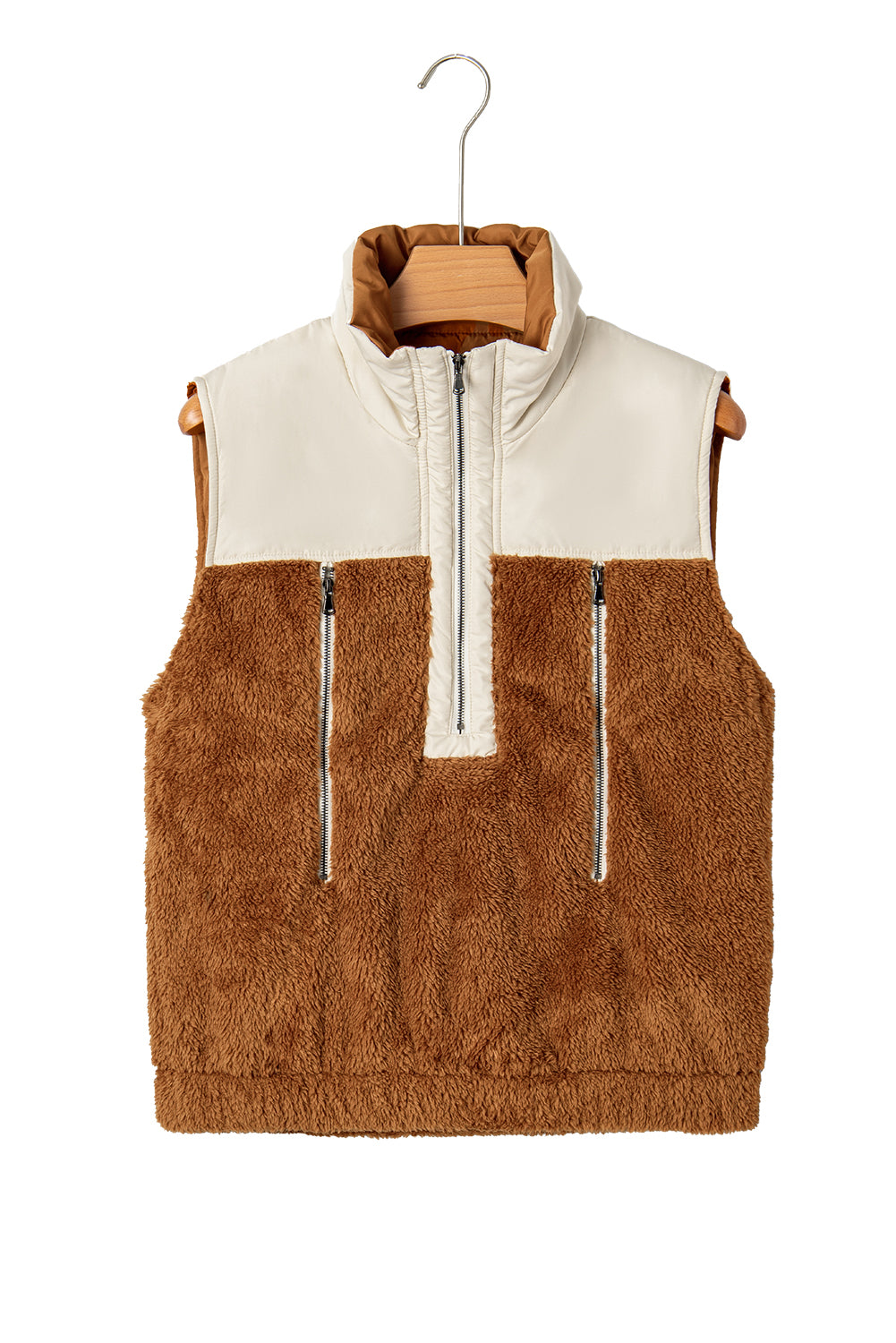 Chestnut Color Block Plush Patchwork Zipper Stand Neck Vest-Outerwear/Vests-[Adult]-[Female]-2022 Online Blue Zone Planet
