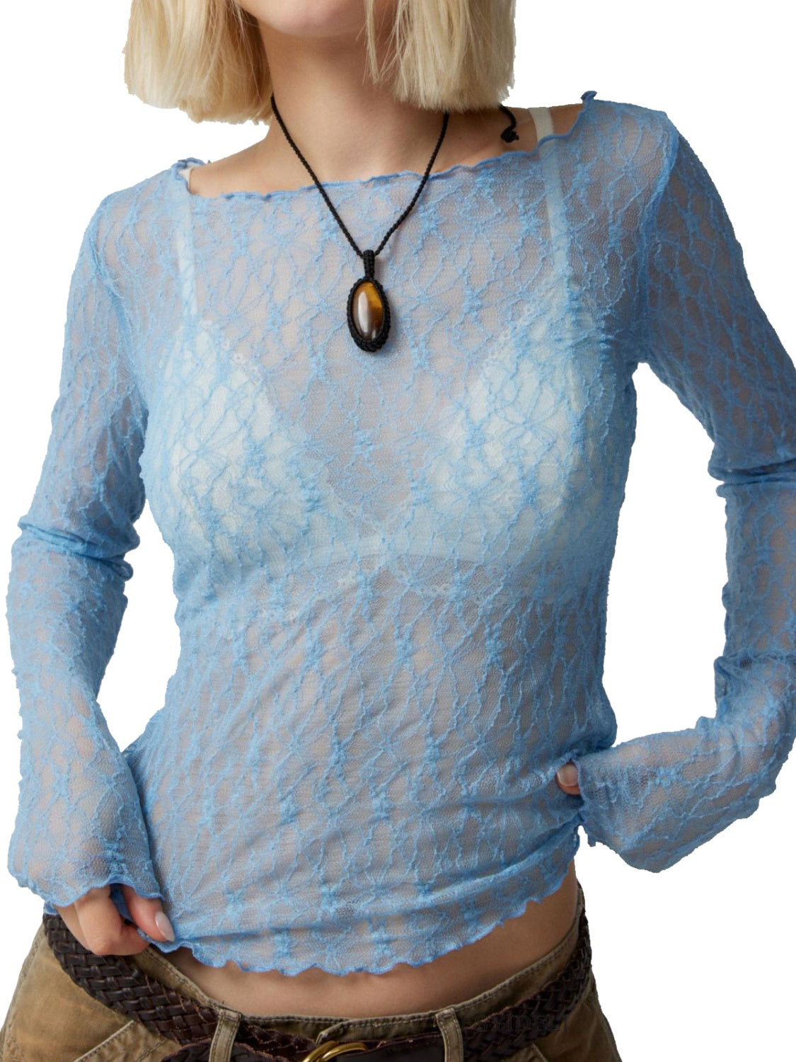 Blue Zone Planet | Lace Boat Neck Long Sleeve Blouse-TOPS / DRESSES-[Adult]-[Female]-Light Blue-S-2022 Online Blue Zone Planet