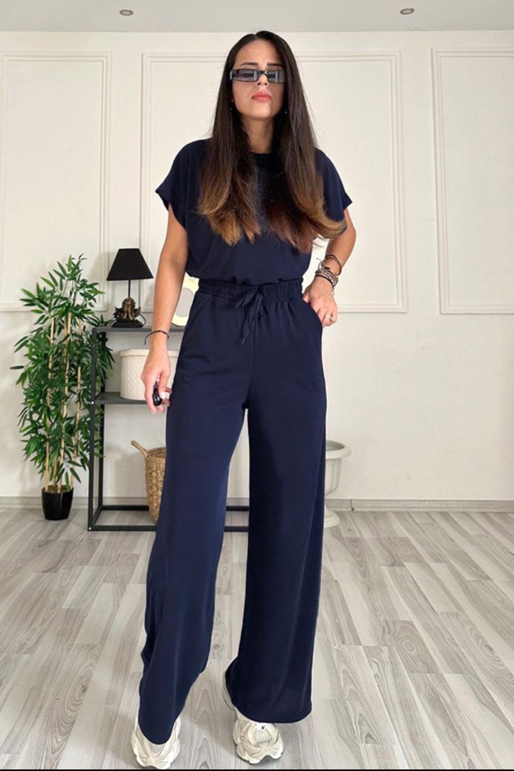 Blue Zone Planet | Round Neck Short Sleeve Top and Drawstring Pants Set-TOPS / DRESSES-[Adult]-[Female]-Dark Blue-S-2022 Online Blue Zone Planet