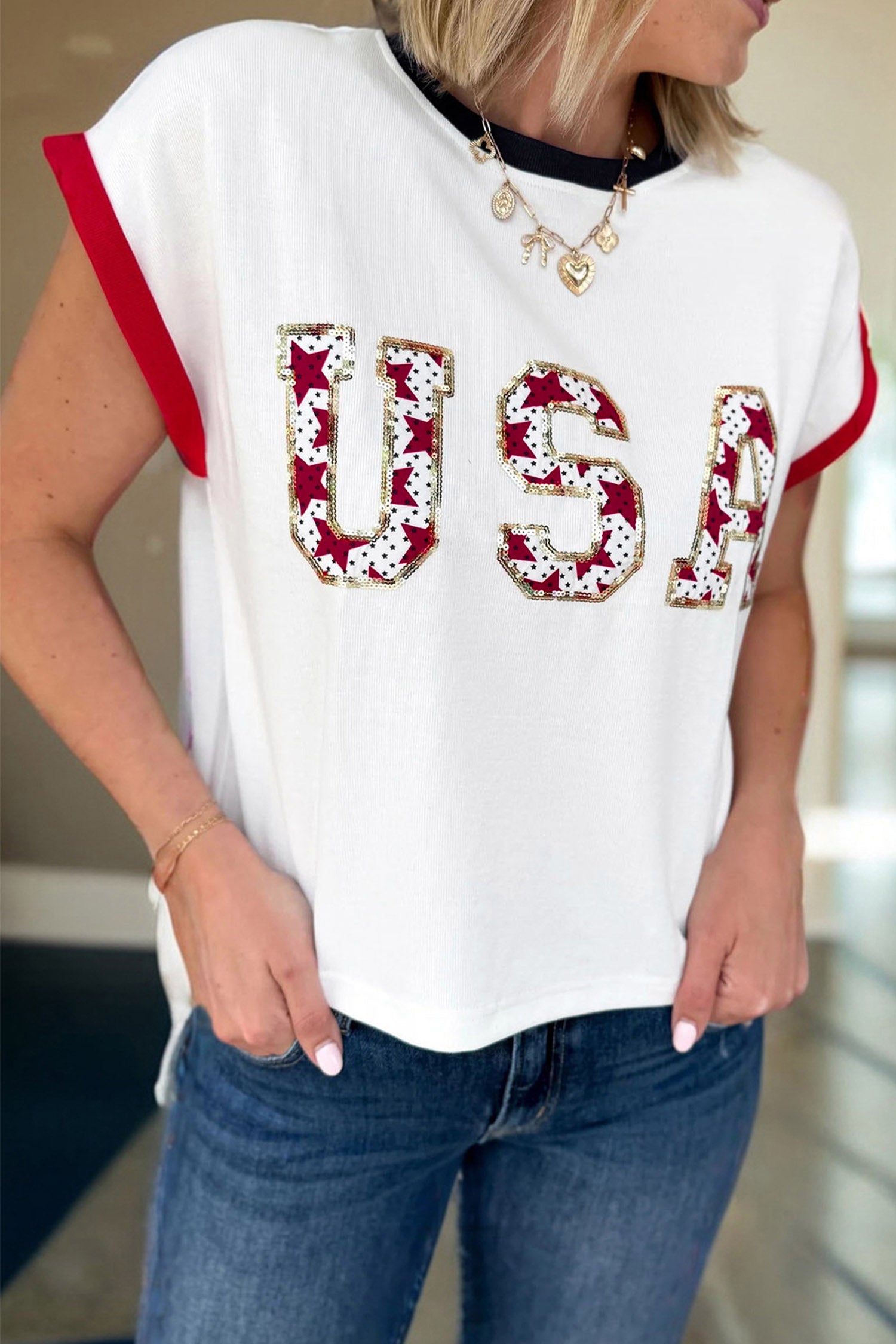 White Usa Sequin Color Block Trim Loose T Shirt-Tops/Tops & Tees-[Adult]-[Female]-White-S-2022 Online Blue Zone Planet