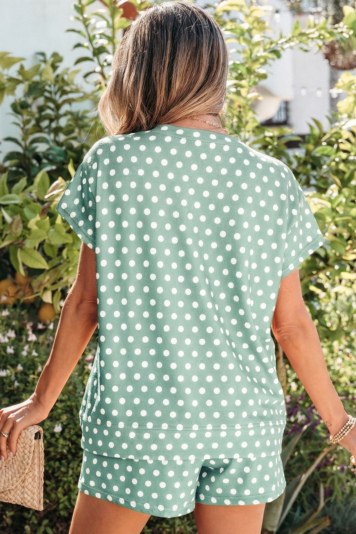 Green Polka Dot Print Short Set-Two Piece Sets/Short Sets-[Adult]-[Female]-2022 Online Blue Zone Planet