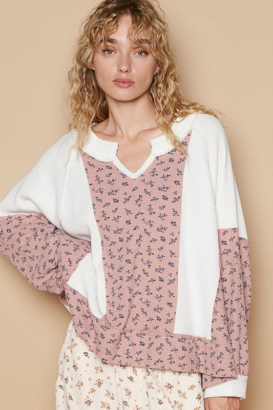 POL Waffle Knit Floral Notched Long Sleeve Top-TOPS / DRESSES-[Adult]-[Female]-White-S-2022 Online Blue Zone Planet