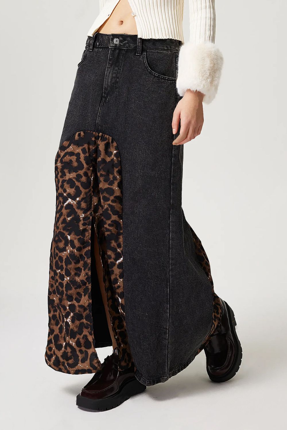 Slit Leopard Midi Denim Skirt-BOTTOMS SIZES SMALL MEDIUM LARGE-[Adult]-[Female]-2022 Online Blue Zone Planet