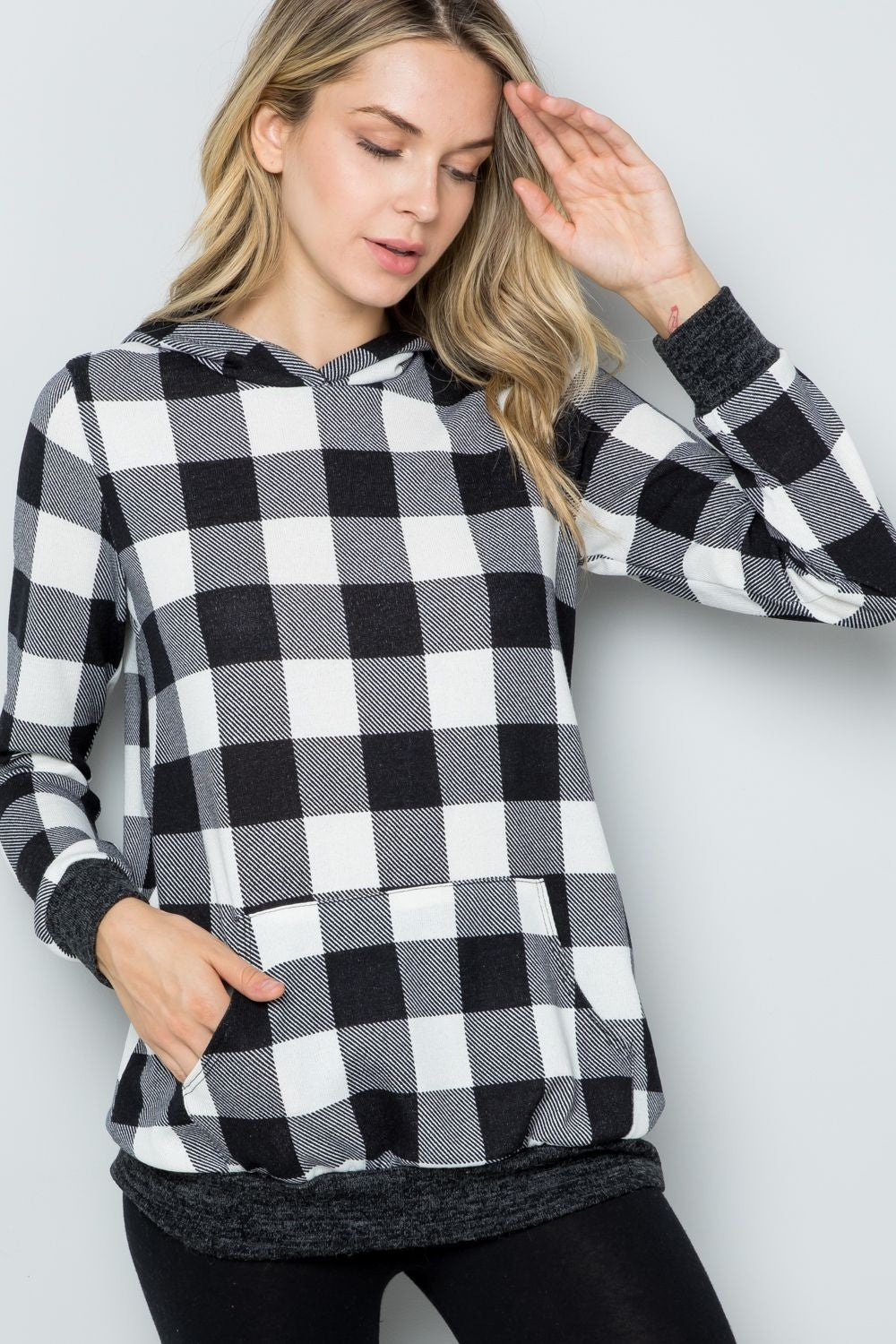 Celeste Full Size Contrast Plaid Long Sleeve Hoodie-TOPS / DRESSES-[Adult]-[Female]-2022 Online Blue Zone Planet