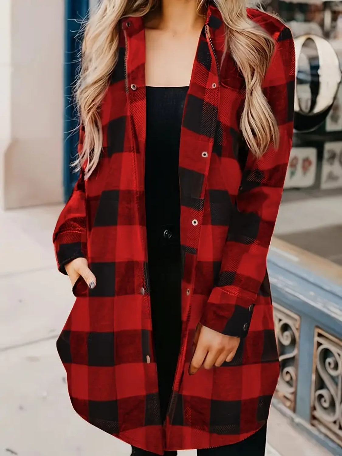 Plaid Collared Neck Snap Down Long Sleeve Jacket-TOPS / DRESSES-[Adult]-[Female]-2022 Online Blue Zone Planet