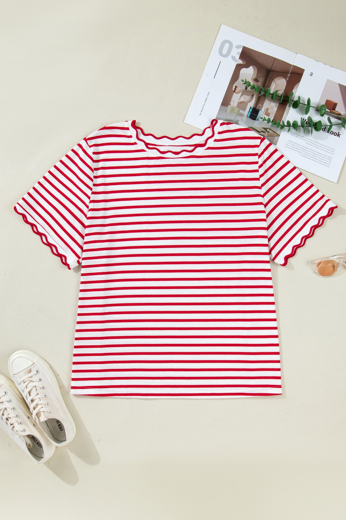 Red Stripe Plus Size Scalloped Trim Round Neck Short Sleeve Top-Plus Size/Plus Size Tops/Plus Size Tops & Tees-[Adult]-[Female]-2022 Online Blue Zone Planet