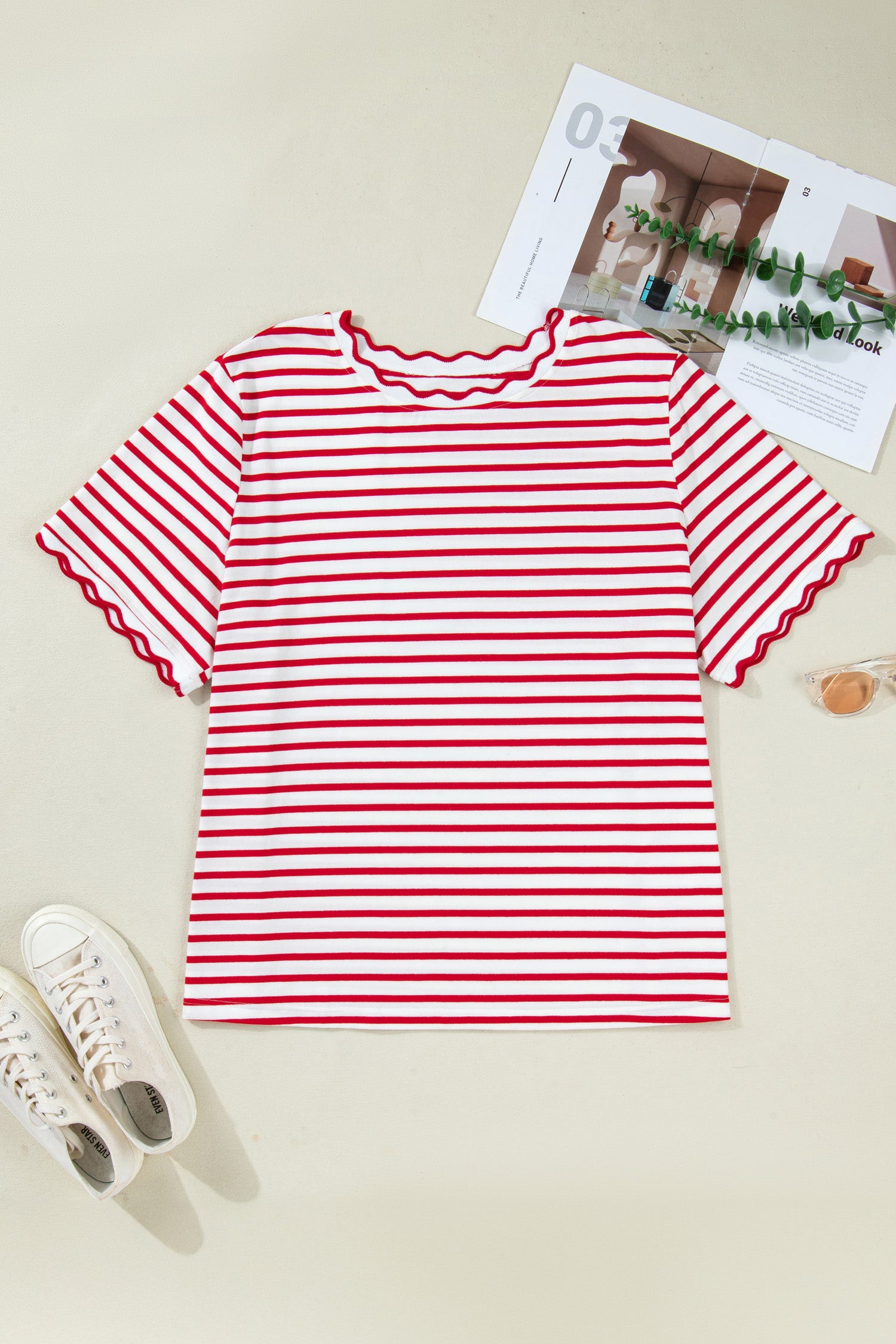 Red Stripe Plus Size Scalloped Trim Round Neck Short Sleeve Top-Plus Size/Plus Size Tops/Plus Size Tops & Tees-[Adult]-[Female]-2022 Online Blue Zone Planet